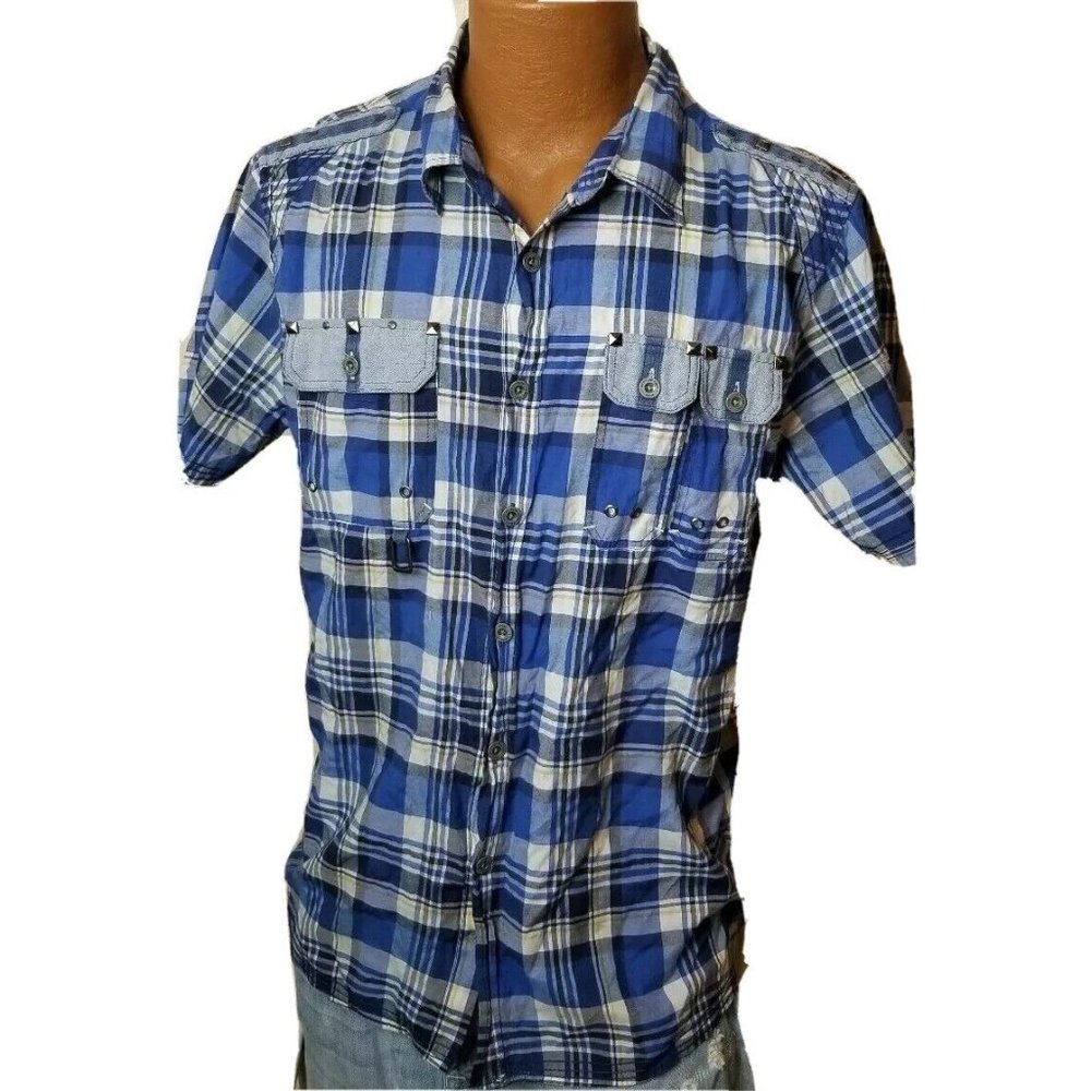 Attitude Gold Mens Triumph Short Sleeve Button Down Plaid Shirt Blue Size XL